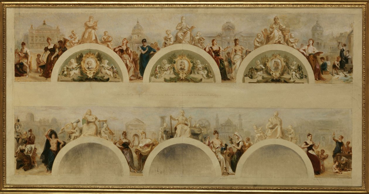 Byen Paris tilbyder alle nationer gæstfrihed på sine kunstskoler, museer og videnskabelige institutioner - Skitse til indgangshallen på Hôtel de Ville de Paris af Achille Sirouy