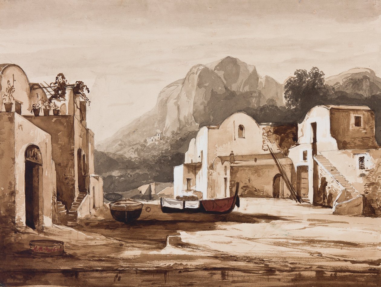 Napolitansk kystlandsby, muligvis Capri med Monte Solaro, med tilføjelser af prins Alfonso Maria di Borbone (1841-1934) (blyant, sepia-vaske og gouache på papir) af Achille Vianelli