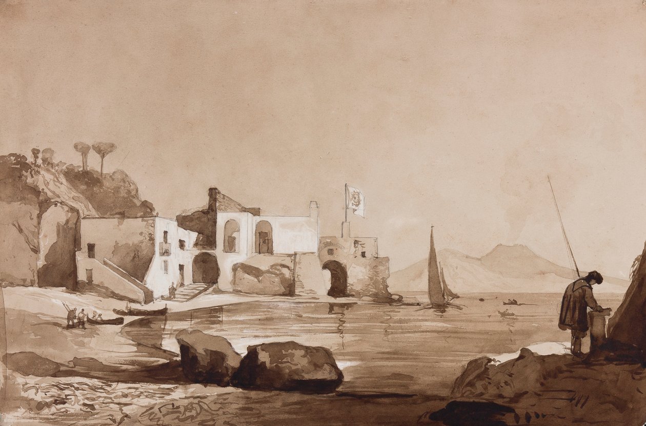Havn, der fører Borbone-flaget med Vesuv mod syd, med tilføjelser af en Borbone-elev (blyant, sepia-vaske og gouache på papir) af Achille Vianelli