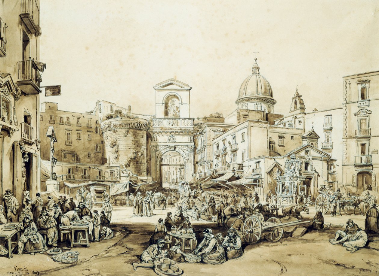 Porta Capuana i Napoli, af Achille Vianelli (1803-1894), sepia, 43x60,5 cm af Achille Vianelli