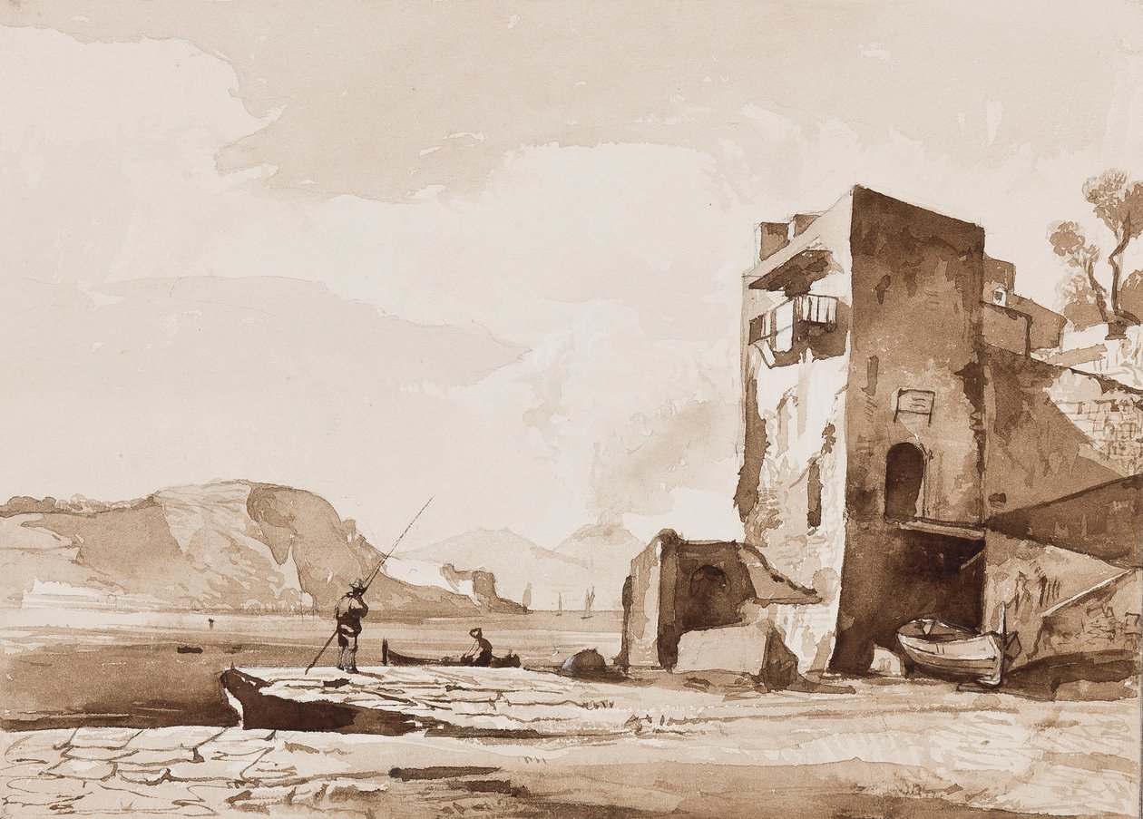 Muligvis en udsigt fra Posillipo, med Vesuv i det fjerne, med tilføjelser af en Borbone-pupil (blyant og sepia-vaske på papir) af Achille Vianelli
