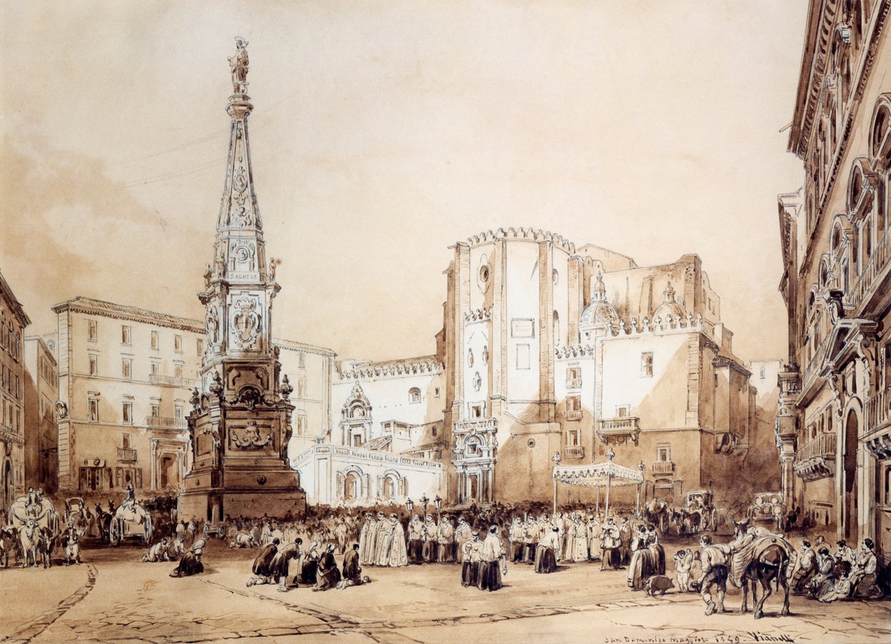 Procession på Piazza San Domenico Maggiore i Napoli af Achille Vianelli