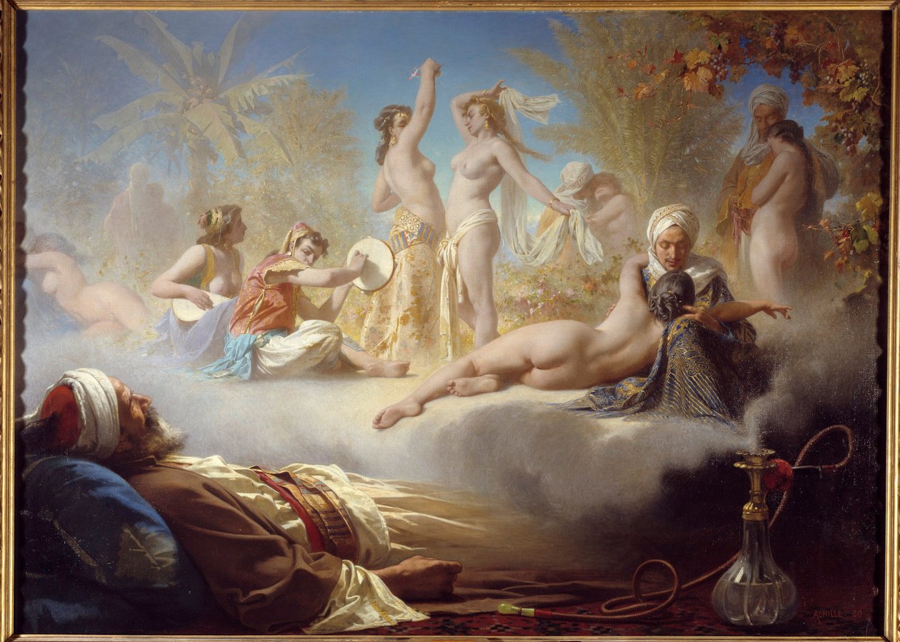 Den troendes drøm En muslim sover efter at have røget den narguile drøm om orientalske dansere. Maleri af Achilles Zo (1826-1901) 1800-tallet søn. 1,04x1,58 m Bayonne, Musee Bonnat af Achille Zo