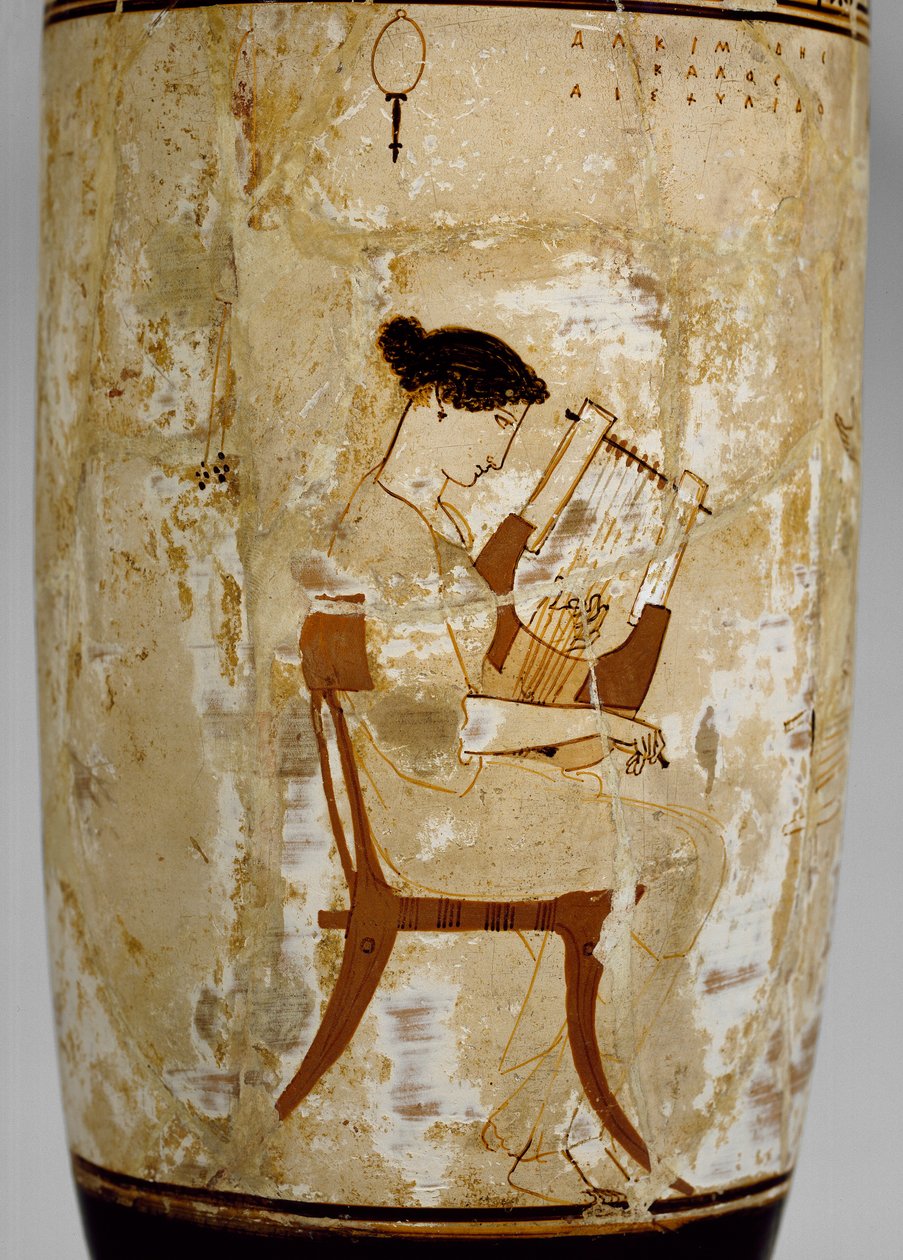 Attic white-ground lekythos med billede af kvindelige musikere, 5. århundrede f.Kr af Achilles Painter