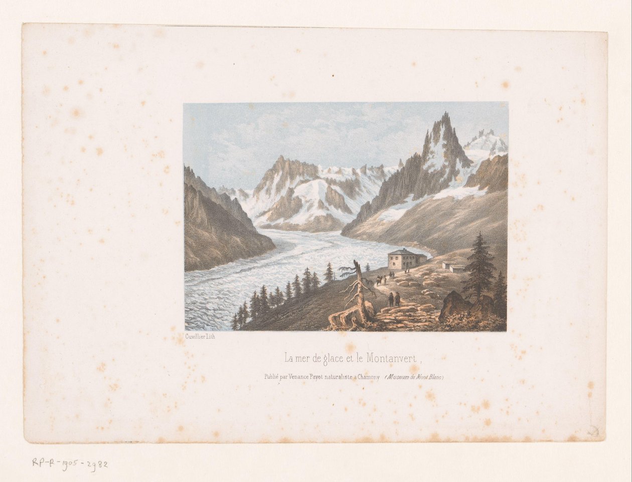 Udsigt over gletscheren Mer de Glace og Montanvert i Chamonix-dalen La mer de glace et le Montanvert (titel på objekt) Udsigt over Mont Blanc og Chamonix (serietitel) Museum du Mont Blanc (serietitel på objekt) af Ad. Cuvillier