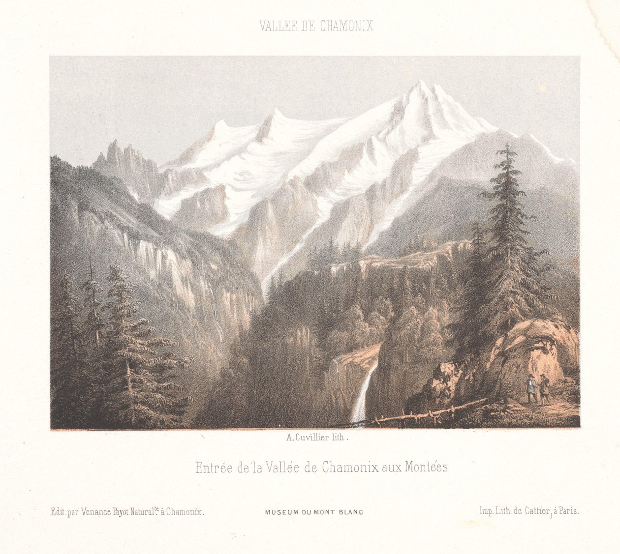 Udsigt over Chamonix med Mer-de-Glace-gletsjeren og Aiguille du Dru Chamonix, le Glacier des Bois, et le Dru (titel på objektet) Erindringer om Chamonix-Mont-Blanc (serietitel) Museum du Mont-Blanc (serietitel) af Ad. Cuvillier