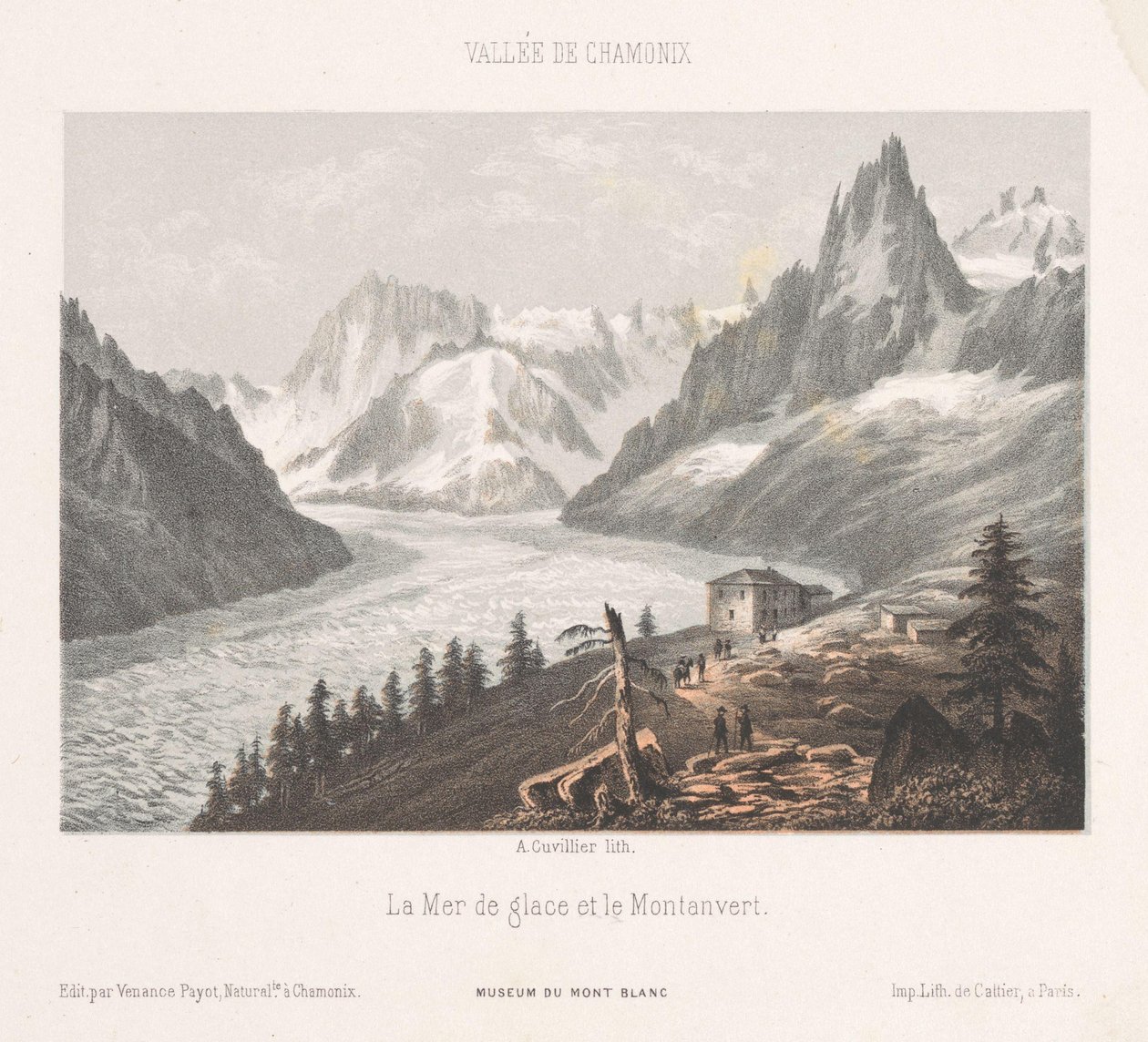 Udsigt over Le Chapeau ved Mer-de-Glace gletsjeren Le Chapeau (titel på objekt) Memory of Chamonix-Mont-Blanc (serietitel) Museum du Mont-Blanc (serietitel på objekt) af Ad. Cuvillier