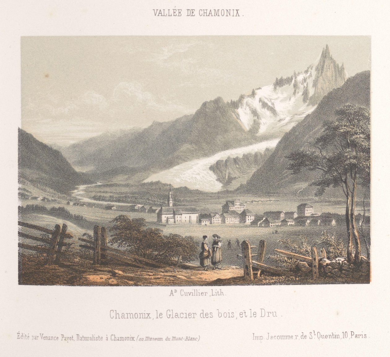 Udsigt over Aiguille de Bionnassay med gletscher Aiguille et Glacier de Bionnassay (titel på objekt) Memory of Chamonix-Mont-Blanc (serietitel) Museum du Mont-Blanc (serietitel på objekt) af Ad. Cuvillier