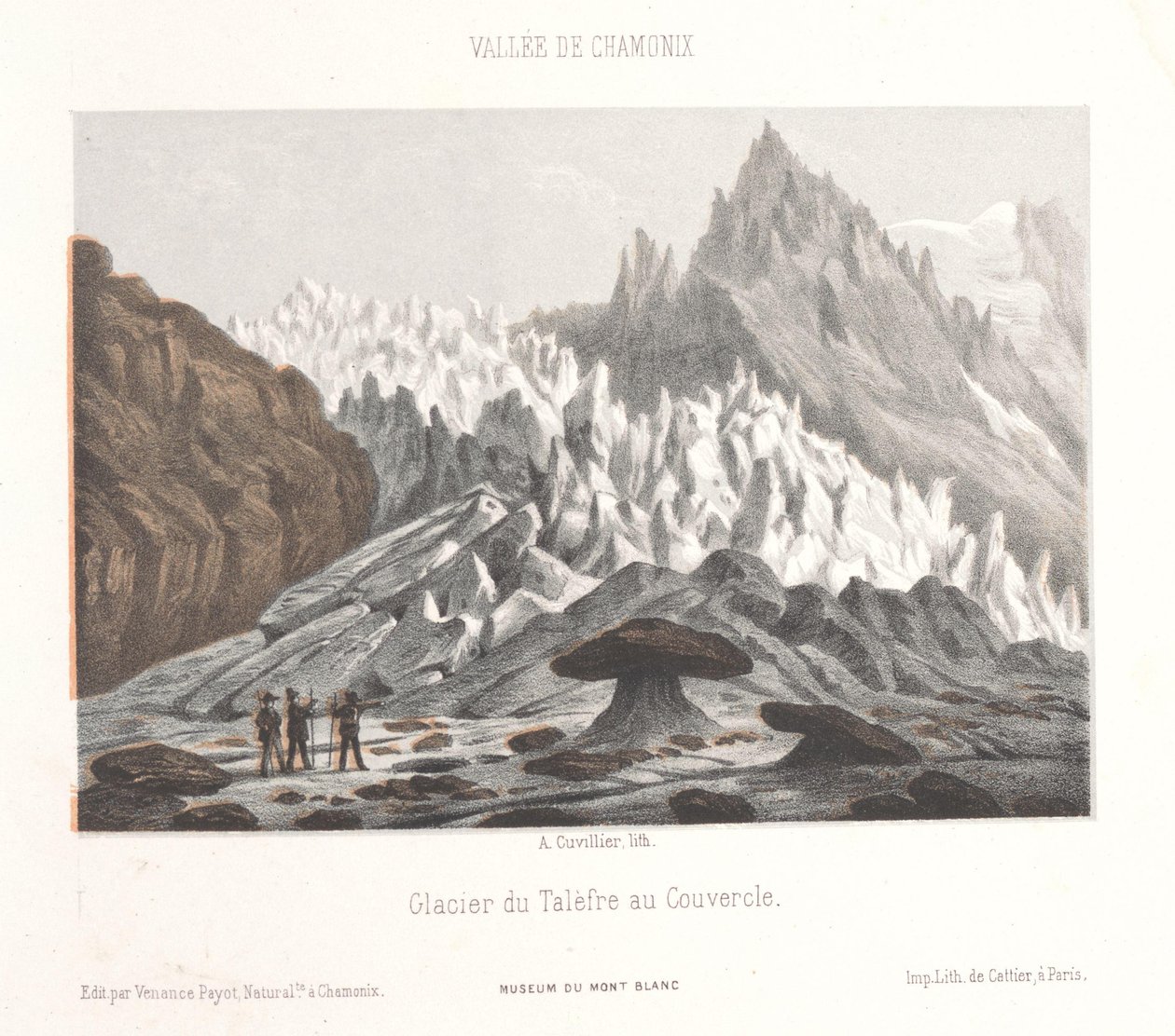 Udsigt over Couvercle-stenen ved Talèfre-gletsjeren Glacier du Talèfre au Couvercle (titel på objekt) Memory of Chamonix-Mont-Blanc (serietitel) Museum du Mont-Blanc (serietitel på objekt) af Ad. Cuvillier
