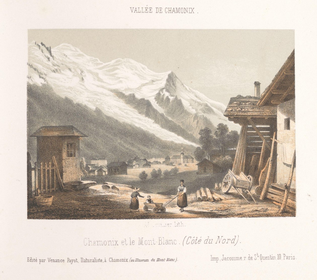 Zicht op de valley af Chamonix fra de pas Les Montées Indgang til Chamonix-dalen ved Montées (titel på objekt) Herinnering i Chamonix-Mont-Blanc (serietitel) Museum of Mont-Blanc (serietitel på objekt) af Ad. Cuvillier