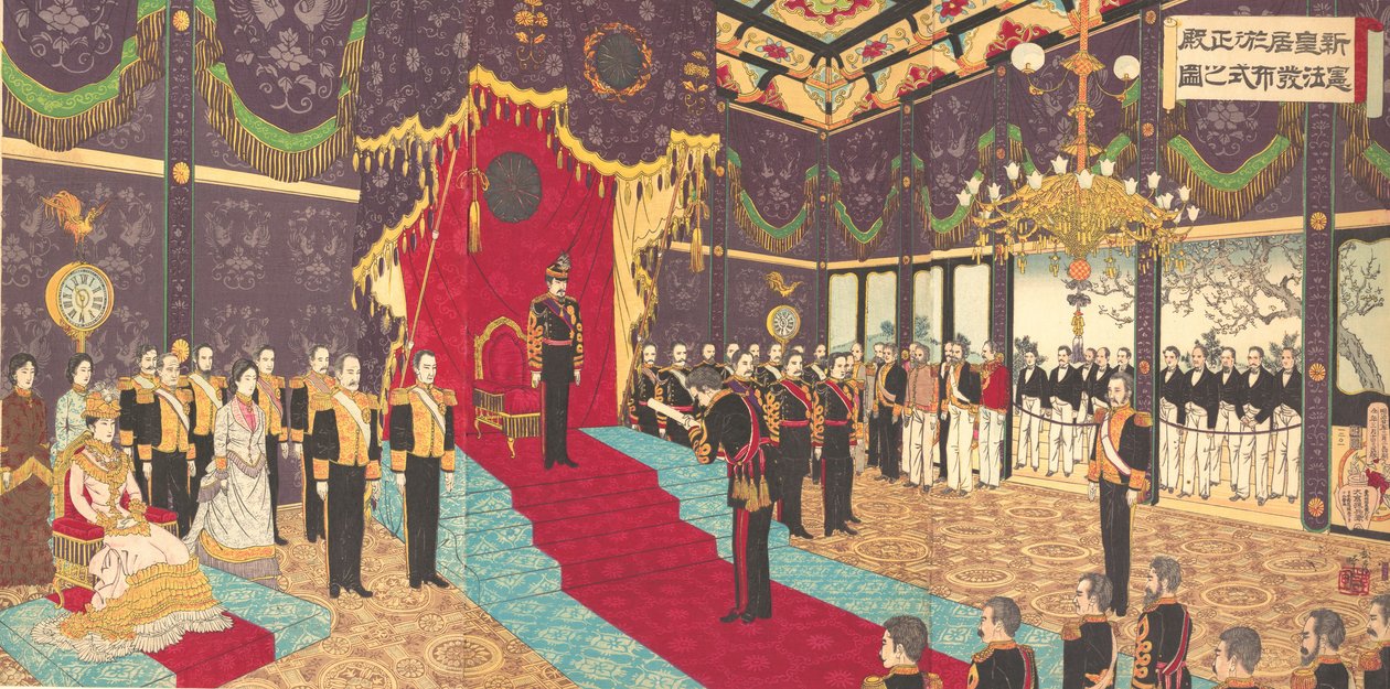 Udsigt over udstedelsen af statsforfatningen i statskammeret i..., 2. marts 1889 Meiji 22. af Adachi  Ginkō