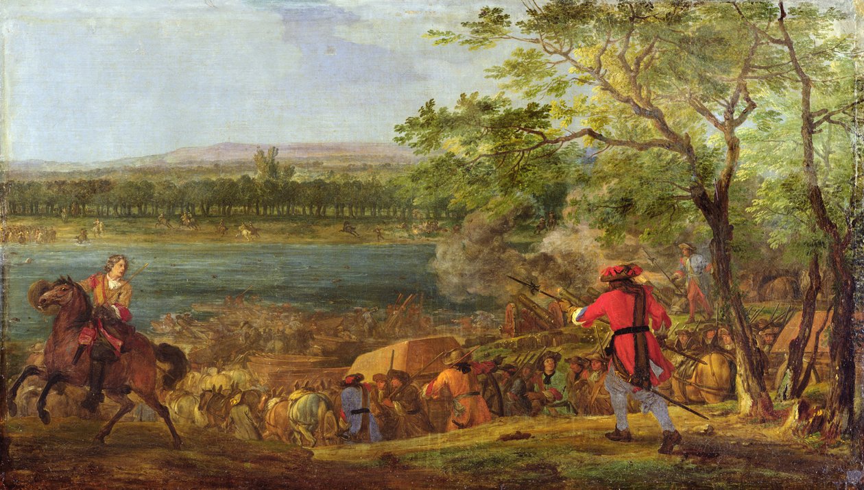 Pontoneernes ankomst til krydset af Rhinen, slutningen af det 17. århundrede af Adam Frans van der Meulen