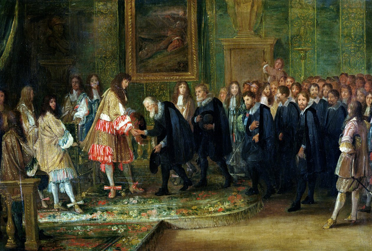 Ludvig XIV (1638-1715) modtog ambassadørerne fra de tretten schweiziske kantoner i Louvre den 11. november 1663, 1664 af Adam Frans van der Meulen