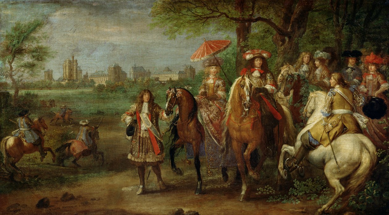 Udsigt over Chateau de Vincennes med Louis XIV (1638-1715) og Maria Theresa (1638-83) af Østrig, 1669 af Adam Frans van der Meulen