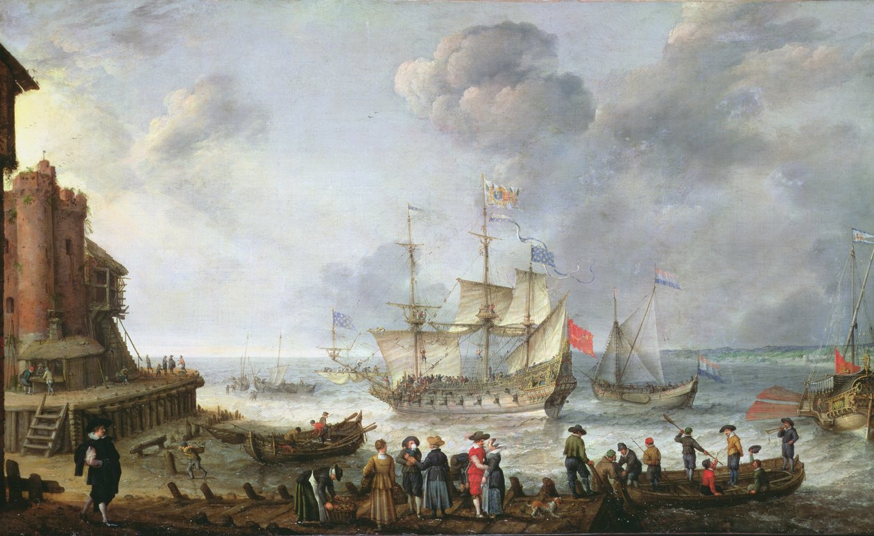 Skibe, der ankommer til en havn af Adam Willaerts