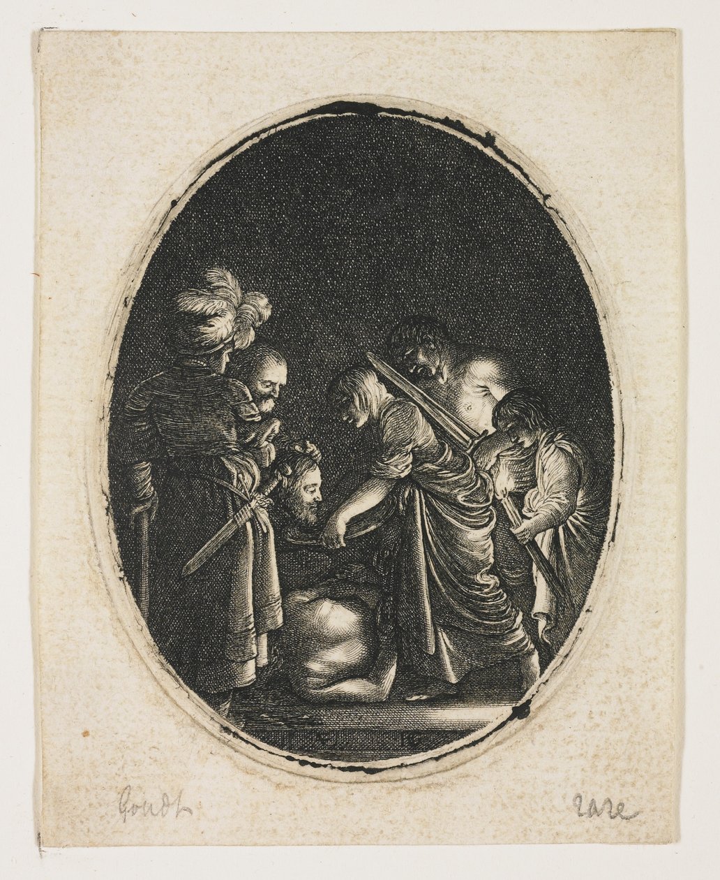 Salome modtager den hellige Johannes hoved, graveret af Hendrik Goudt (1583-1648), ca. 1607-09 (gravering) af Adam (after) Elsheimer