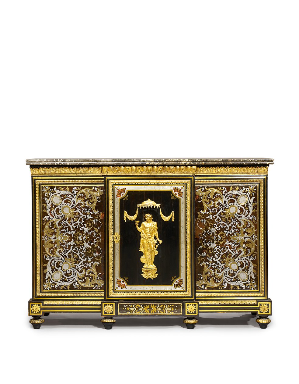 Louis XVI sideskab, bestilt af Marchand-Mercier Claude-Francois Julliot, inkorporerer Louis XIV marquetry paneler, ca. 1775-1800 (ormolu monteret, messing & tin indlagt ibenholt og skildpadde) af Adam (attr. to) Weisweiler
