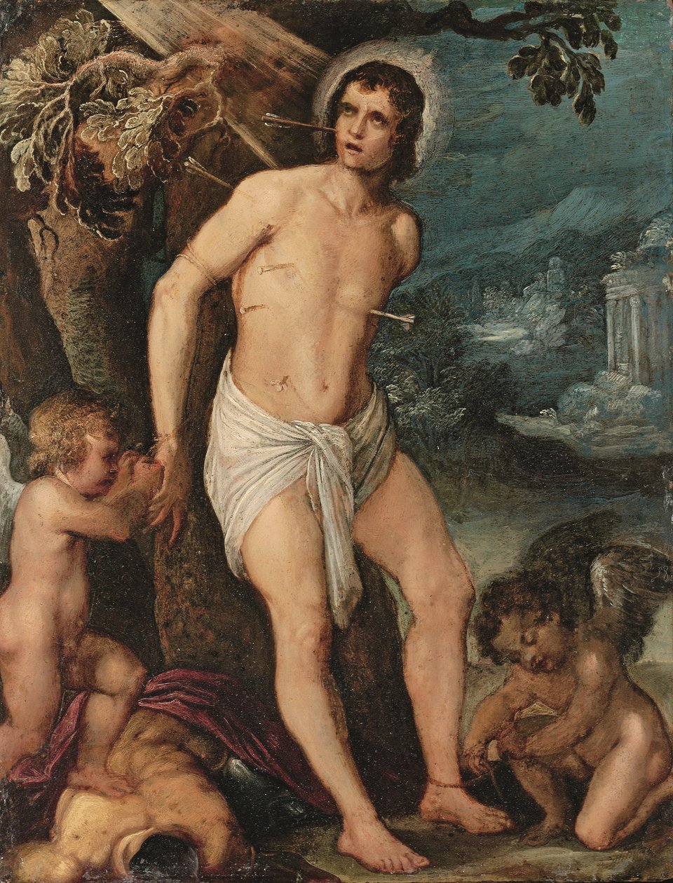 Saint Sebastian deltog af engle (olie på kobber) af Adam (circle of) Elsheimer