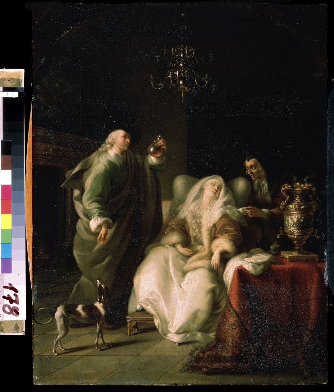 ""La consultation du medecin"" (Syg kvinde og en læge) Lægen undersøger et hætteglas med urin under konsultationen af ​​en syg dame. Maleri af Adam Braun (1748-1827) Mikhail Kroshitsky kunstmuseum, Sevastopol (Sevastopol) Ukraine af Adam Braun