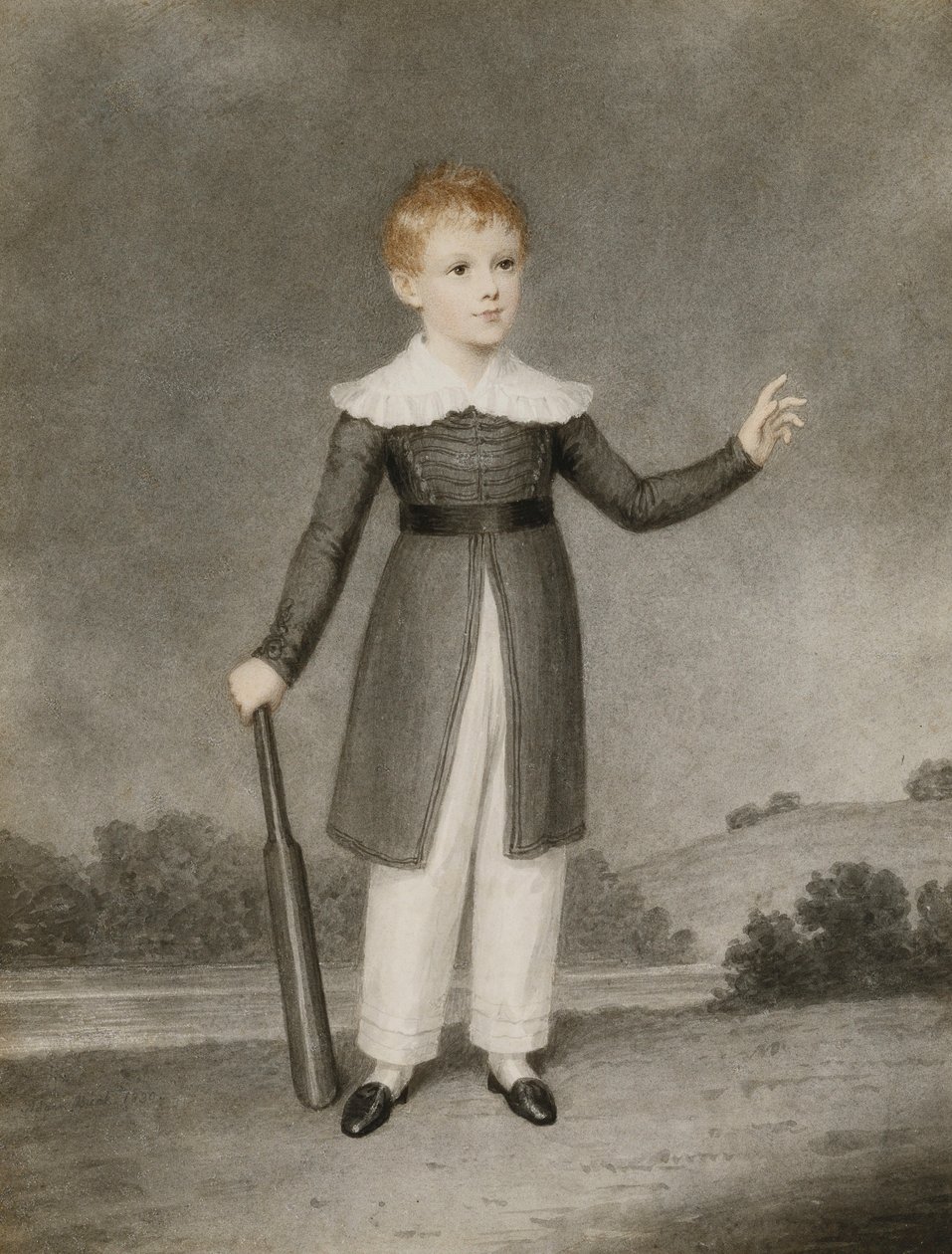 Portræt af Edward Currie, der holder et cricketbat, 1830 af Adam Buck