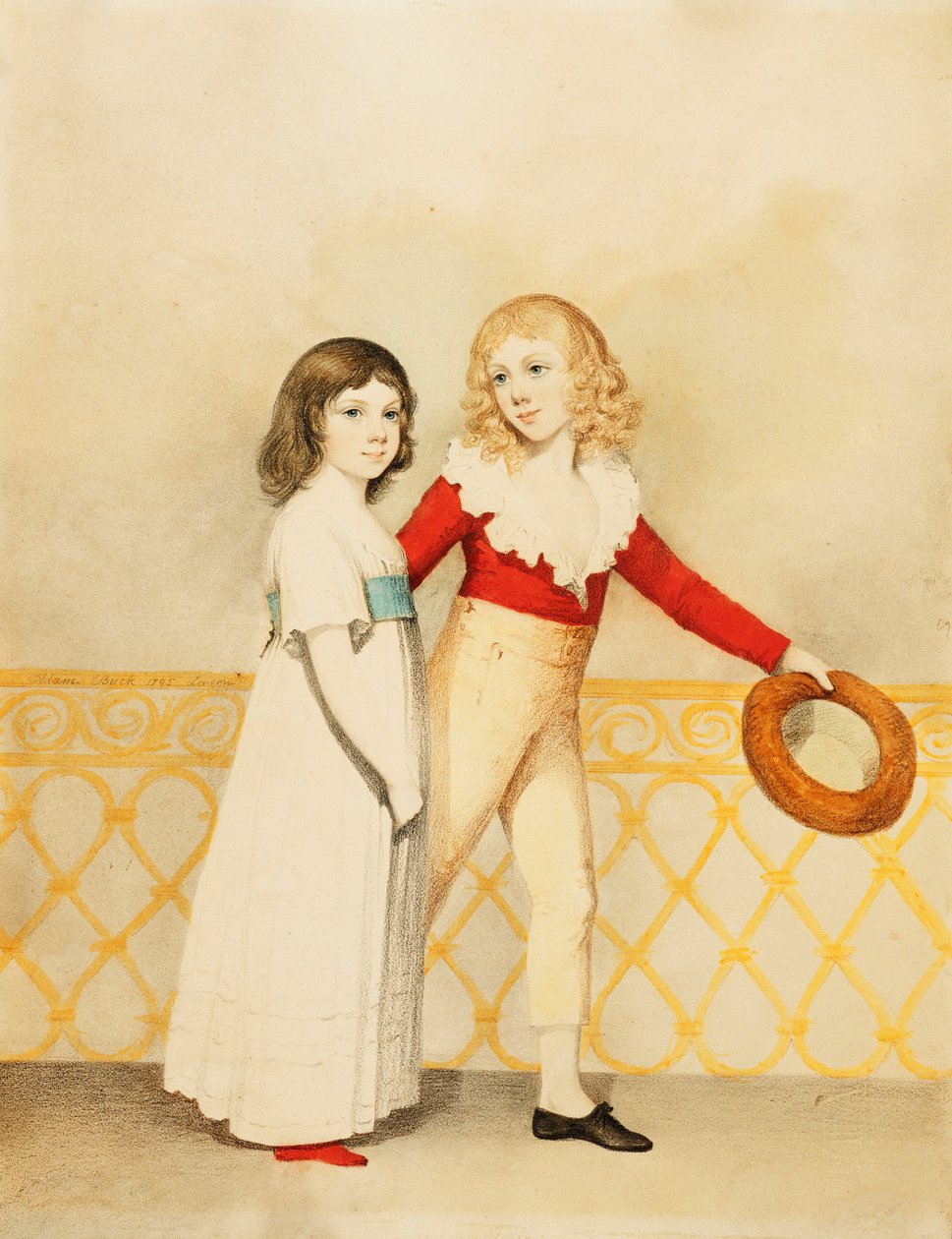Portræt af William Bellingham Budworth og hans søster Emma Mary, lille i fuld længde, på en balkon, 1795 af Adam Buck