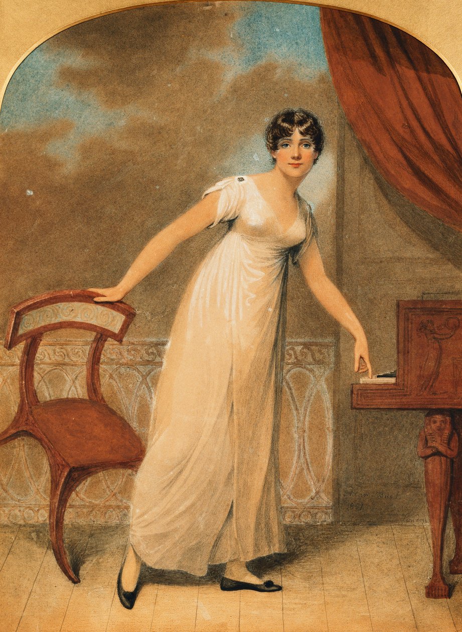 Portræt af en dame, stående i fuld længde i en hvid kjole af et klaver, 1801 af Adam Buck