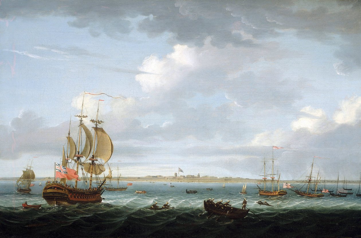 Sejlads ud for Madras (Indien), med en beskrivelse af havnen og byen og det britiske flag, der vajer over Fort Saint George, som minder om det britiske imperiums stigende vanskeligheder i Indien. af Adam Callander