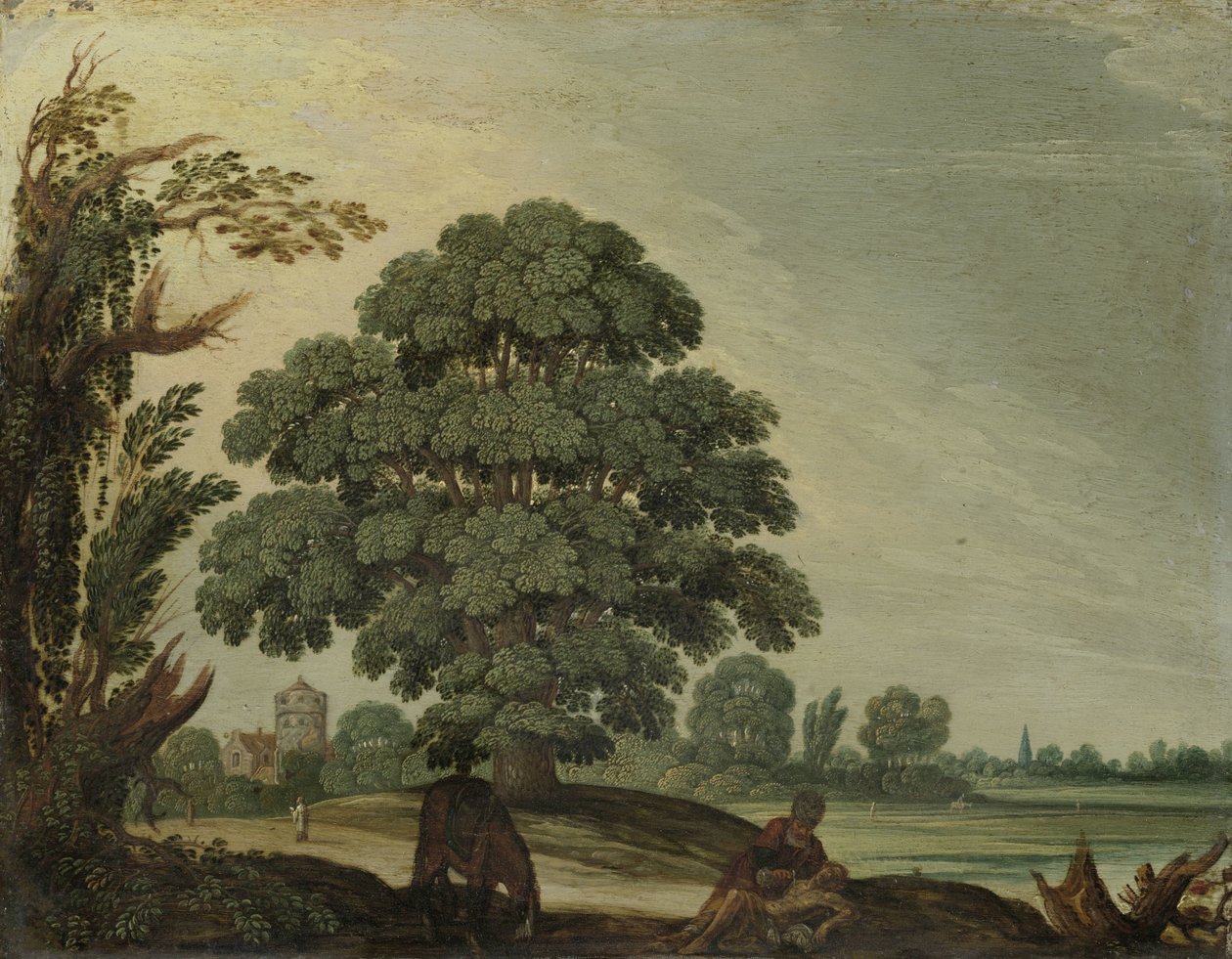 Landskab med den barmhjertige samaritaner af Adam Elsheimer (follower of)