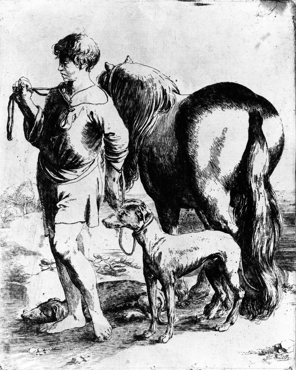 Dreng med en hest og to hunde, ca. 1597-1610 af Adam Elsheimer