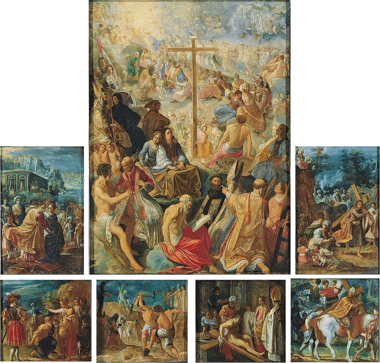 Tysk: Der Frankfurter Kreuzaltar (Die Auffindung und Verherrlichung des Wahren Kreuzes) Frankfurt-altertavlen af det hellige kors af Adam Elsheimer