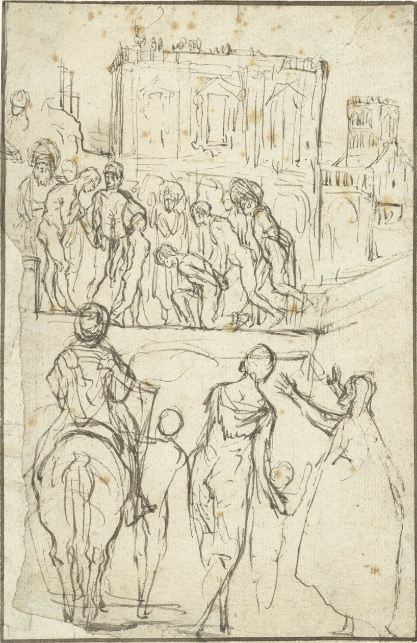 Tysk: Josephus wird von Nicanor vor Kaiser Vespasianus geführt Josephus ledes af Nicanor før kejser Vespasian af Adam Elsheimer