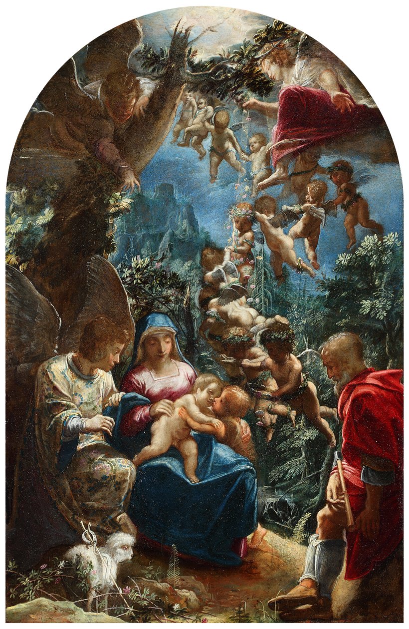 Italiensk: sacra famiglia con san giovannino e un angelo Den hellige familie med spædbarnet Johannes Døberen og engle af Adam Elsheimer