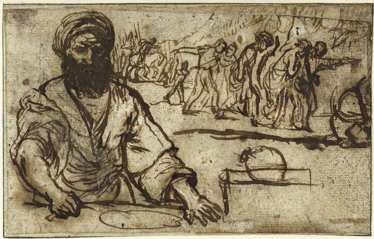 En siddende, skægget mand; i baggrunden en procesion af mennesker og ryttere af Adam Elsheimer