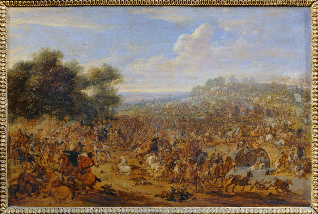 Kamp i nærheden af en bro ... af Adam Frans van der (circle of) Meulen