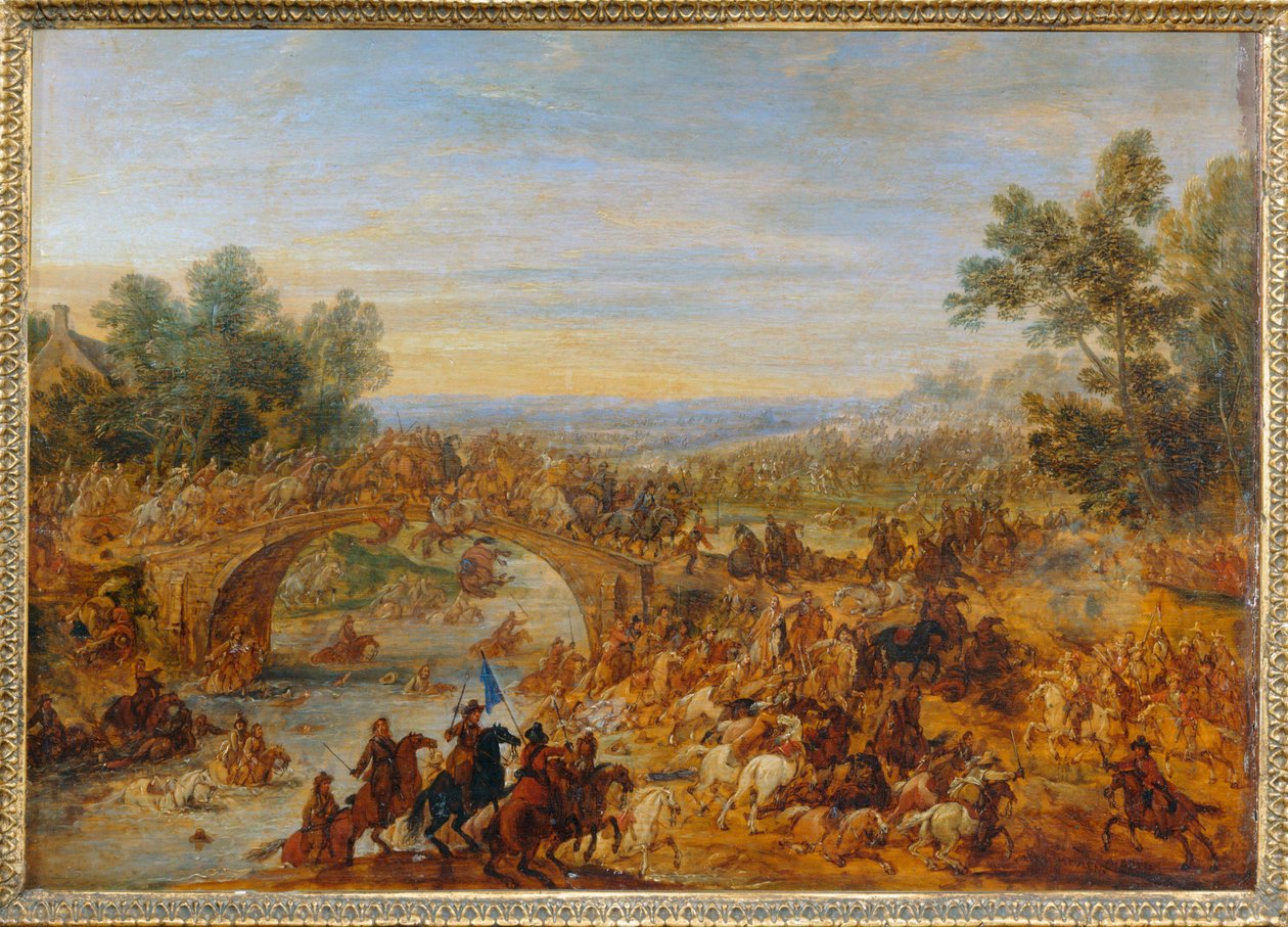 Kavaleri kæmper, mens de krydser en bro ... af Adam Frans van der (circle of) Meulen