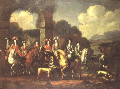 Et elegant jagtselskab ved en ruin af Adam Frans van der (follower of) Meulen