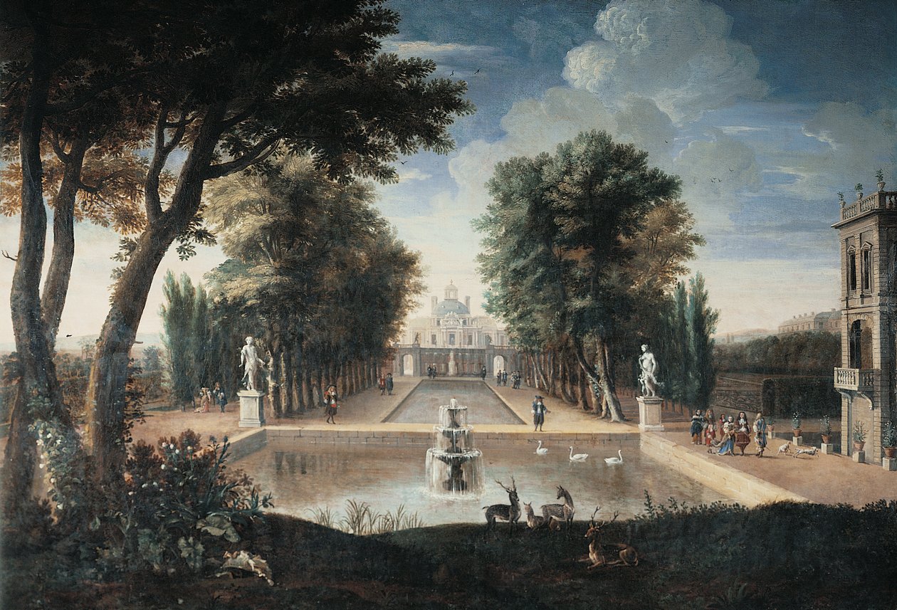 Udsigt til et palads (olie på lærred) af Adam Frans van der (style of) Meulen