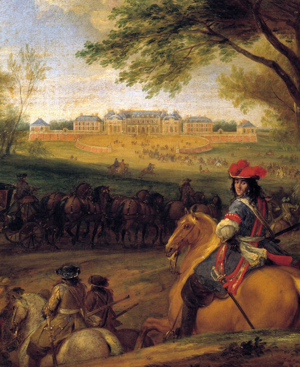 Ankomst af kong Ludvig XIV (1638-1715) går forud for livvagterne med henblik på det gamle slot i Versailles i 1669 Maleri af Adam Franz Van der Meulen (1632-1690) Omkring 1669 søn. 0,56x0,56 m af Adam Frans van der Meulen