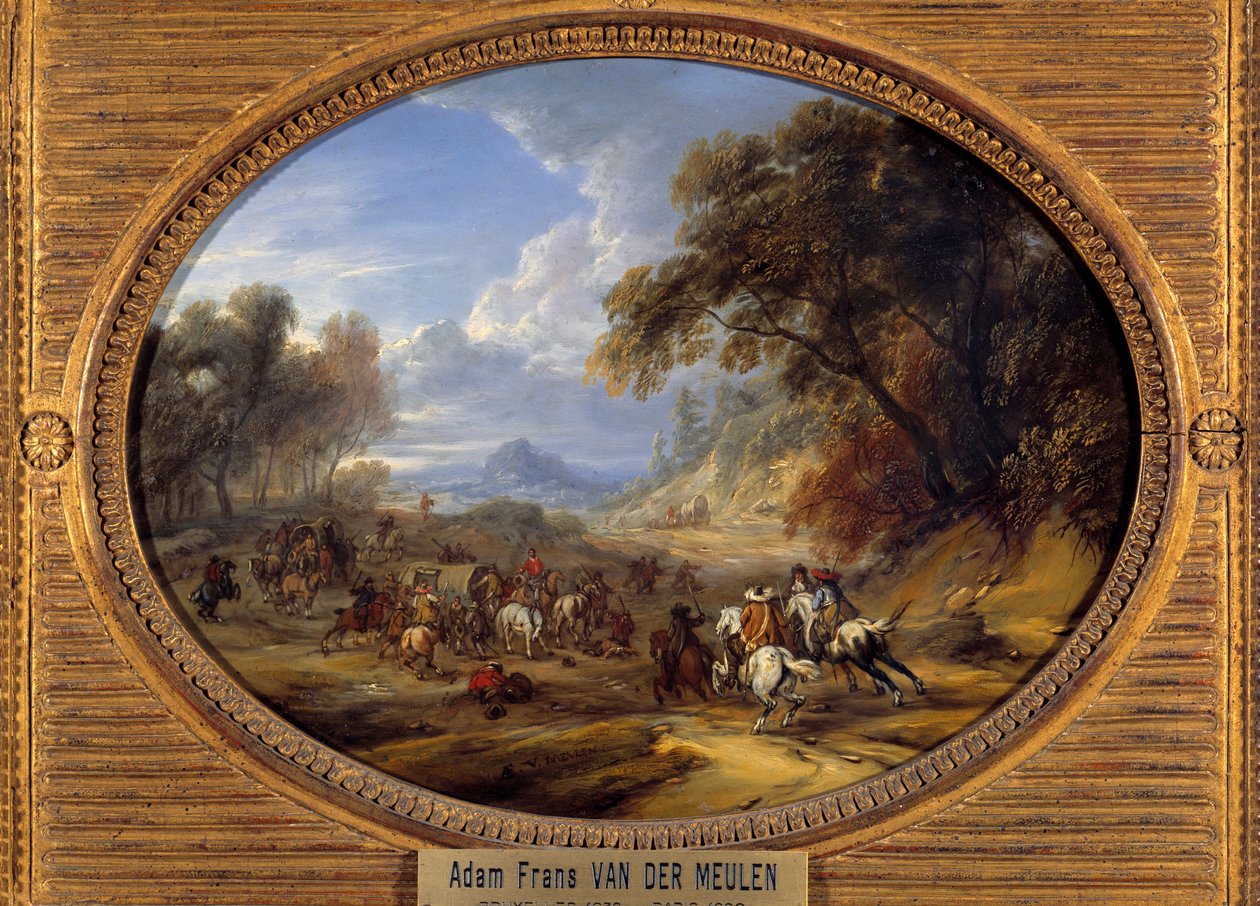 Angreb på en konvoj af røvere Maleri af Adam Van der Meulen (1632-1690) (ec.flam.) Søn 0,2x0,27 m af Adam Frans van der Meulen