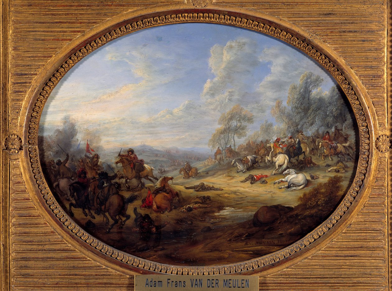 Cavalry Shock Et slag under Ludvig XIV. Maleri af Adam Van der Meulen (1632-1690) søn. 0,2x0,27 m af Adam Frans van der Meulen