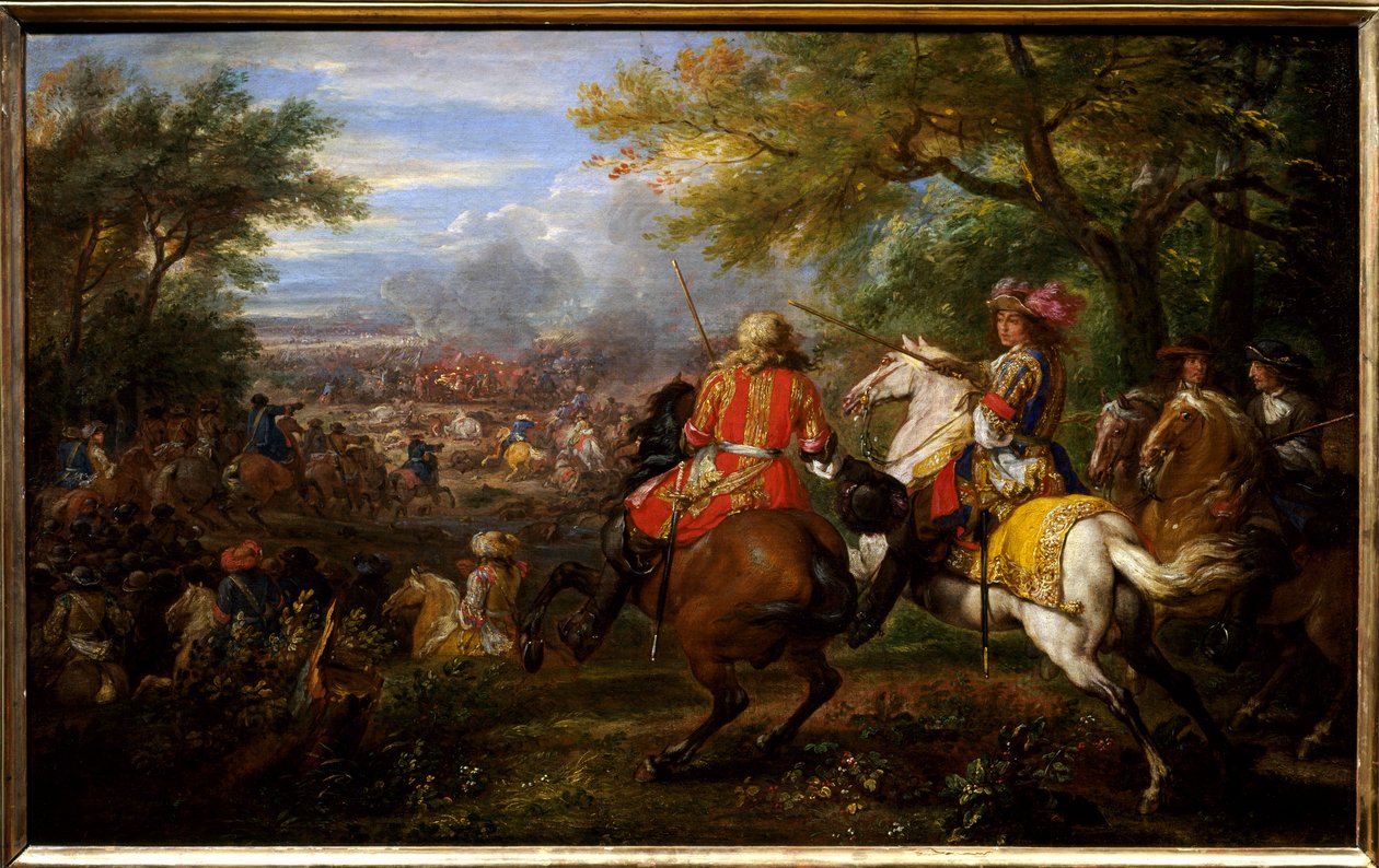 Besejrede den spanske hær nær Brugge-kanalen den 31. august 1667. Kongen af Frankrig Ludvig XIV, på en hvid hest, er omringet af sine generaler: Francois de Crequy (1629-1687) og prins Ludvig II af Bourbon-Conde (Bourbon Conde) ) kaldet Grand Conde (16 af Adam Frans van der Meulen