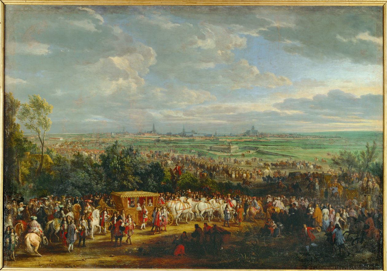 Ludvig XIV og Marie Thérèse af Østrigs indtog i Arras ... (maleri på lærred) af Adam Frans van der Meulen