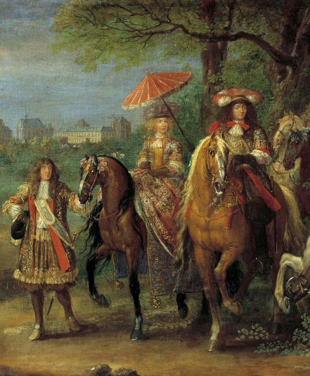 Kong Ludvig XIV (1638-1715) og dronning Marie-Therese af Østrig (1638-1683) går foran slottet i Vincennes i 1669 detaljer af maleriet af Adam Frans Van der Meulen (1632-1690) af Adam Frans van der Meulen