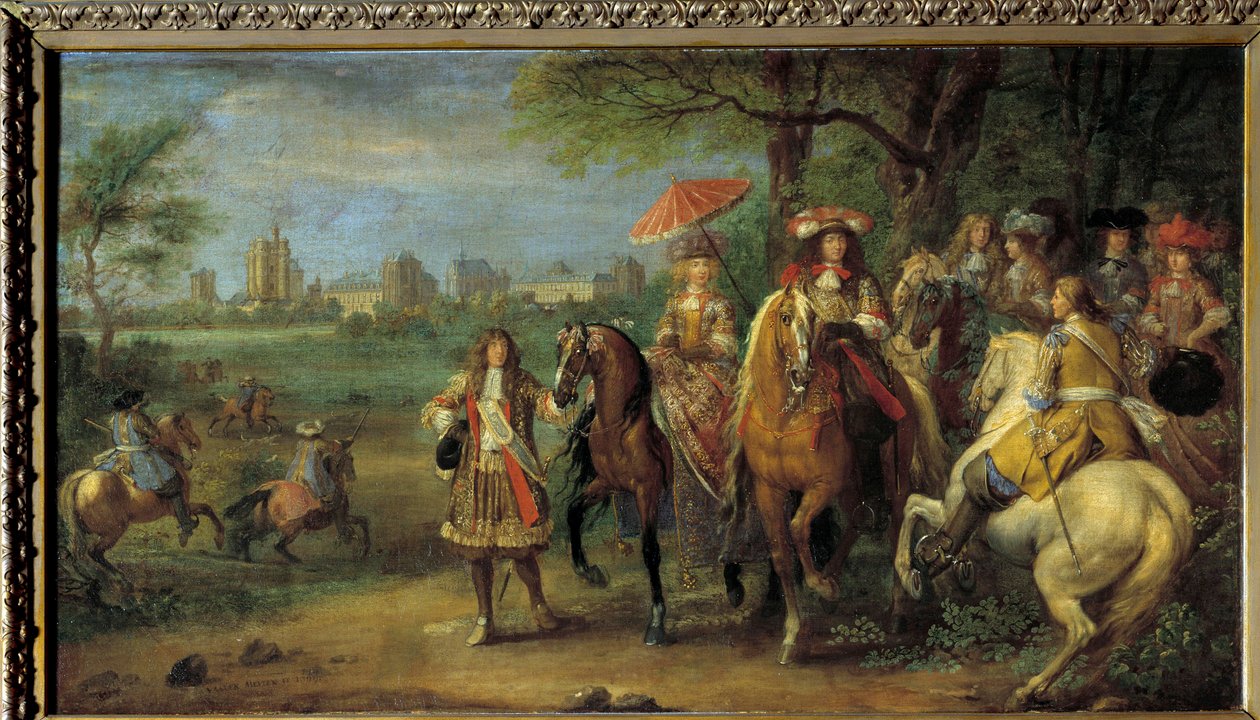 Kong Ludvig XIV (1638-1715) og dronning Marie-Therese af Østrig (1638-1683) gående foran slottet Vincennes i 1669 Maleri af Adam Frans Van der Meulen (1632-1690) af Adam Frans van der Meulen