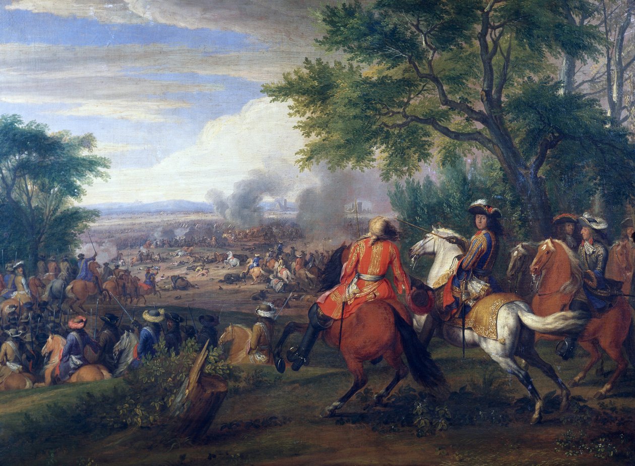 Kong Ludvig XIV ved nederlag af den spanske hær nær Brugge-kanalen i 1667, maleri af Van der Meulen (1632-1690), Frankrig og Belgien af Adam Frans van der Meulen