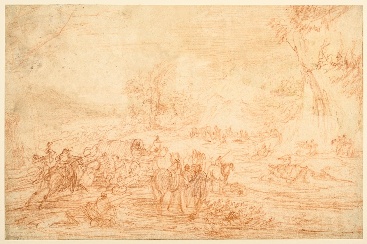Landskab med et angreb på en konvoj af busser af Adam Frans van der Meulen