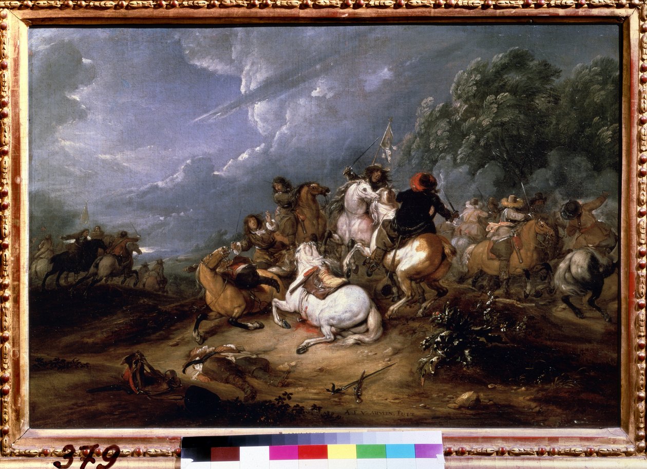 ""The Skirmish"" (Cavalry Skirmish) Maleri af Adam Frans van der Meulen (1632-1690) 1660 Pushkin Museum, Moskva af Adam Frans van der Meulen