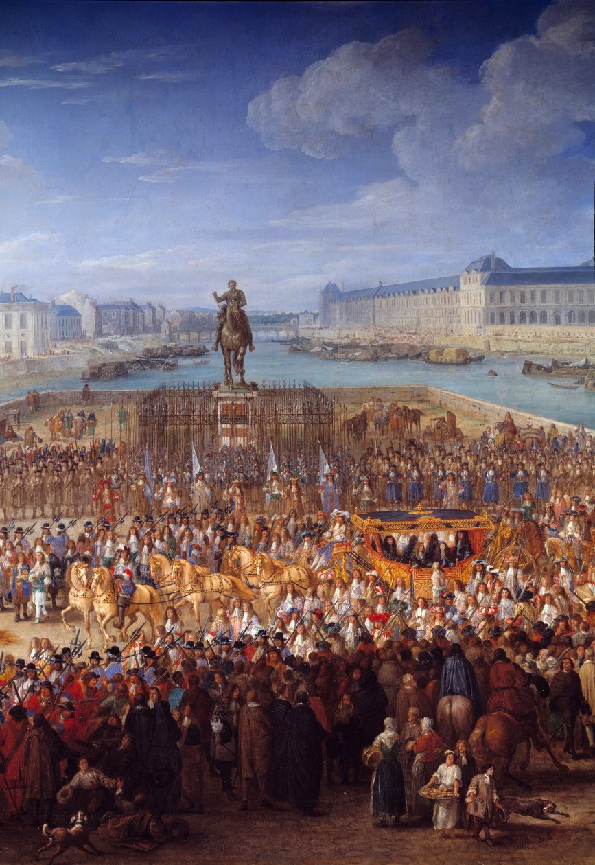 Kongelig vogn. Central detalje af Ludvig XIV (1638-1715), der krydser Pont Neuf i sin vogn. Maleri af Adam Francois Van Der Meulen (1632-1690) af Adam Frans van der Meulen