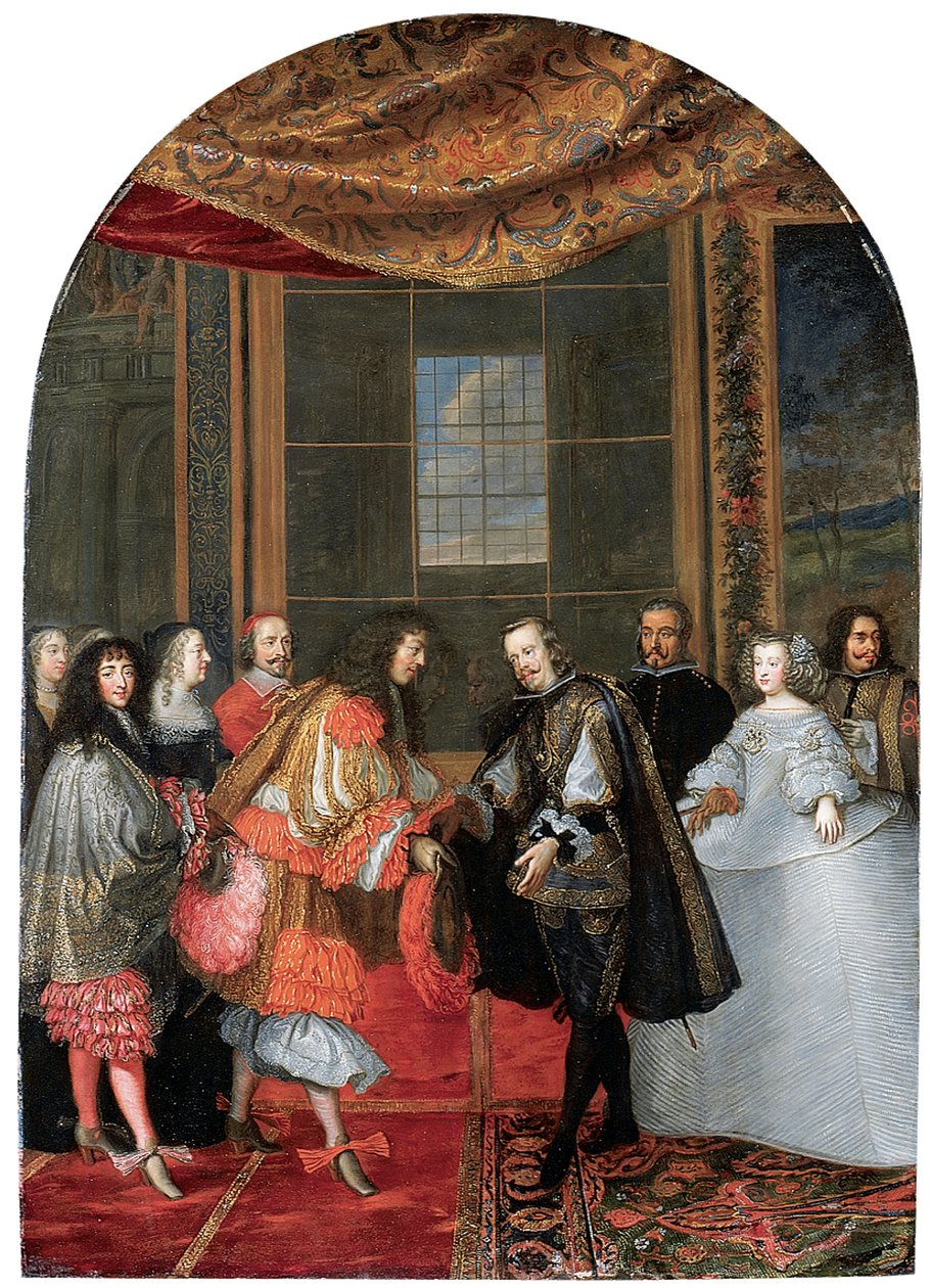 Mødet mellem kong Filip IV og Ludvig XIV på Fasanøen (olie på kobber) af Adam Frans van der Meulen