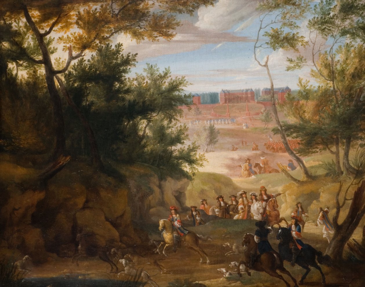 Udsigt over Versailles med Ludvig XIV og jægere, 1700. af Adam Frans van der Meulen